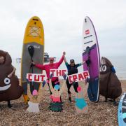 Andrew Walker, far left, and Kevin Elliot, far in fancy dress with Surfers Against Sewage protesters
