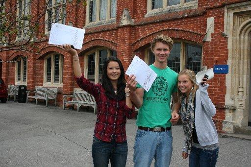Ardingly's Julia Howell (8 A*s, 4 As), Peter Wooldridge (9 A*s) and Camilla Freeman (11 A*s)