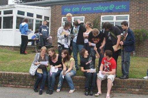 Pupils from Uckfield Community Technology College open their results.