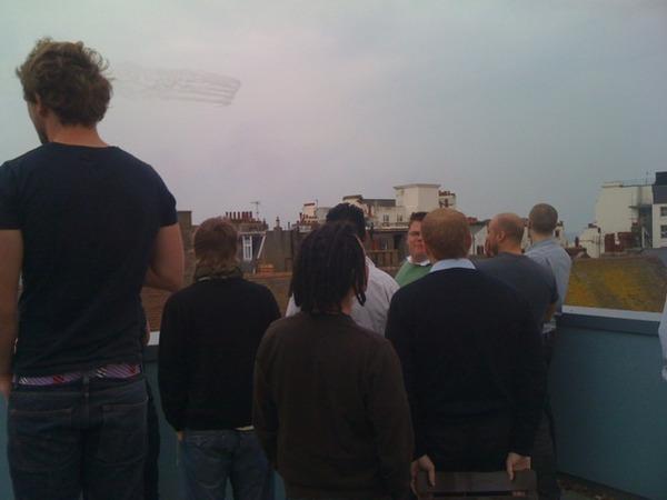 The team at icrossing bundled up to the roof to watch the Red Arrows go past