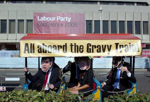 Anti Government protestors make their point heard outside the Labour Party Conference in Brighton.