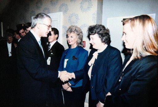 Former telephonist of The Grand Hotel, Brighton Pauline Banks of Hollingbury shaking hands with John Major.