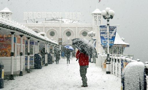 Snow on the Palace Pier in Brighton on April 6, 2008.