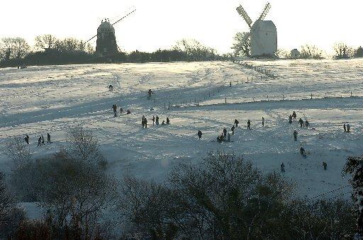 Snow scene , an early festive holiday at Jack and Jill Windmills