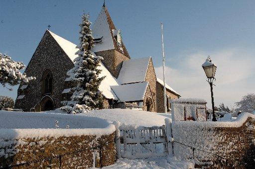 Snow scene, St. Margarets Church, Keymer Road, Ditchling