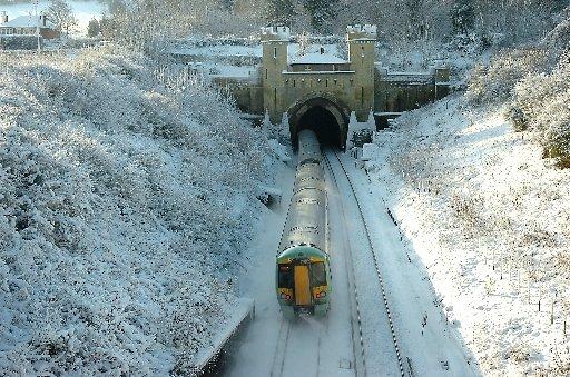 Snow scene, train in Clayton Tunnel