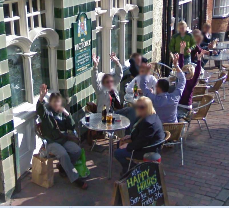 These drinkers at The Victory pub on the corner of Middle Street and Duke Street seem to have staged a Mexican wave as the Google car passed by. 