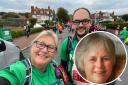 Dawn, left and son Andrew, right, who are walking in memory of Dawn's sister Karen, inset