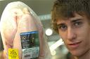 Tom Carrott with one of the security-tagged chickens in Sainsbury's