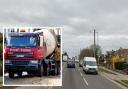 There are severe delays in Falmer Road, Woodingdean. Inset, file picture of cement mixer