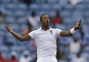 England's bowler Chris Jordan appeals successfully for the LBW of West Indies' Jermaine Blackwood during day one of their second Test match at the National Stadium in St. George's, Grenada, Tuesday, April 21, 2015. (AP Photo/Ricardo Mazalan).