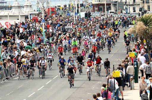 The fastest cyclists in this year’s London to Brighton bike ride crossed the finishing line in Madeira Drive, Brighton, at 9am.
Backmarkers and late starters from Clapham Common were still trickling in after 6pm.
Organisers hope the ride will raise mo