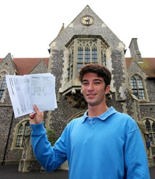Oliver Savvides who achieved 1 A and 2 B grades at A-level after receiving his results at Brighton College.
