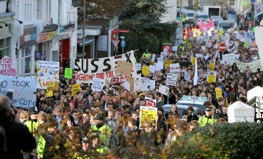 About 1,500 students are marching through the city today.

At about 3pm, a group of them approached Brighton Town Hall in Bartholemew Square, and shortly afterwards occupied Priory House nearby.
They also entered the Brighton University building in Gra