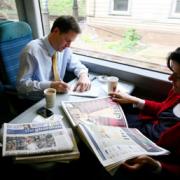 ON BOARD: Nick Clegg travelling to Eastbourne this morning