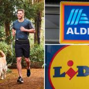 Left photo via Aldi shows a man wearing Crane's training shorts from Aldi. Credit for Aldi and Lidl logos: PA.