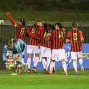 Lewes celebrate their opening goal against Margate as they move back into the play-off places        Picture James Boyes