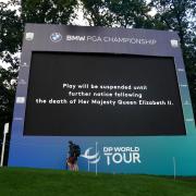 A screen displays a message that play has been suspended following the announcement of the death of Queen Elizabeth II, during day one of the BMW PGA Championship at Wentworth Golf Club, Virginia Water. Picture date: Thursday September 8, 2022. PA Photo.