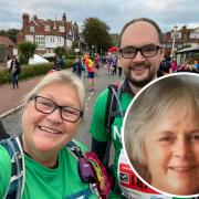 Dawn, left and son Andrew, right, who are walking in memory of Dawn's sister Karen, inset
