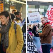 Caroline Lucas and Lloyd Russell-Moyle at the picket line in Brighton