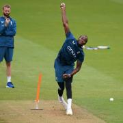 Jofra Archer bowling at an England practice session this week