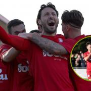 Worthing celebrate and, inset, Danny Cashman enjoys his second goal