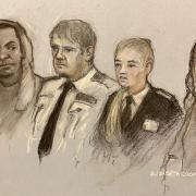 A court sketch of Marten and Gordon at Crawley Magistrates Court last year