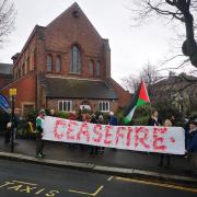 Protesters called for a ceasefire in the Israel-Hamas conflict outside the Labour campaign launch event
