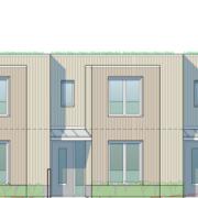 A mock up of the front of the three two-storey homes