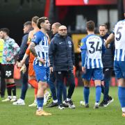 Julio Enciso looks dejected at full-time while Lewis Dunk appears to be making a point