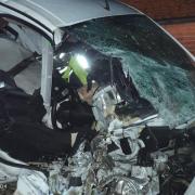 Josh Keen's destroyed van after he caused a woman to suffer life-changing injuries in a crash