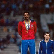 Daley Thompson with his gold medal at the Moscow Olympics in 1980