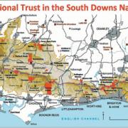 National Trust countryside areas in red and properties as square marks on a map of the South Downs National Park