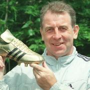 Gerry Armstrong with the golden boot he received as best British player at the 1982 World Cup