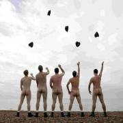 A promotional picture for a production of The Full Monty at the Theatre Royal. Five of the six male leads are pictured baring all on Brightons nudist beach