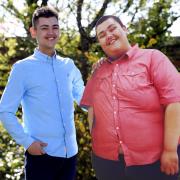 Oliver Bales, the winner of Slimming World's 2016 'Greatest Loser' award, poses for photographs with a cardboard cutout of his former self
