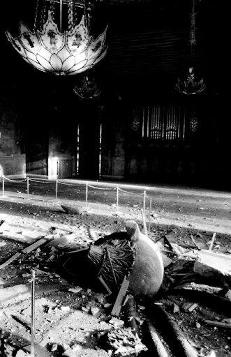 The Royal Pavilion's music room after one of the minarets toppled off its tower and plunged through the roof