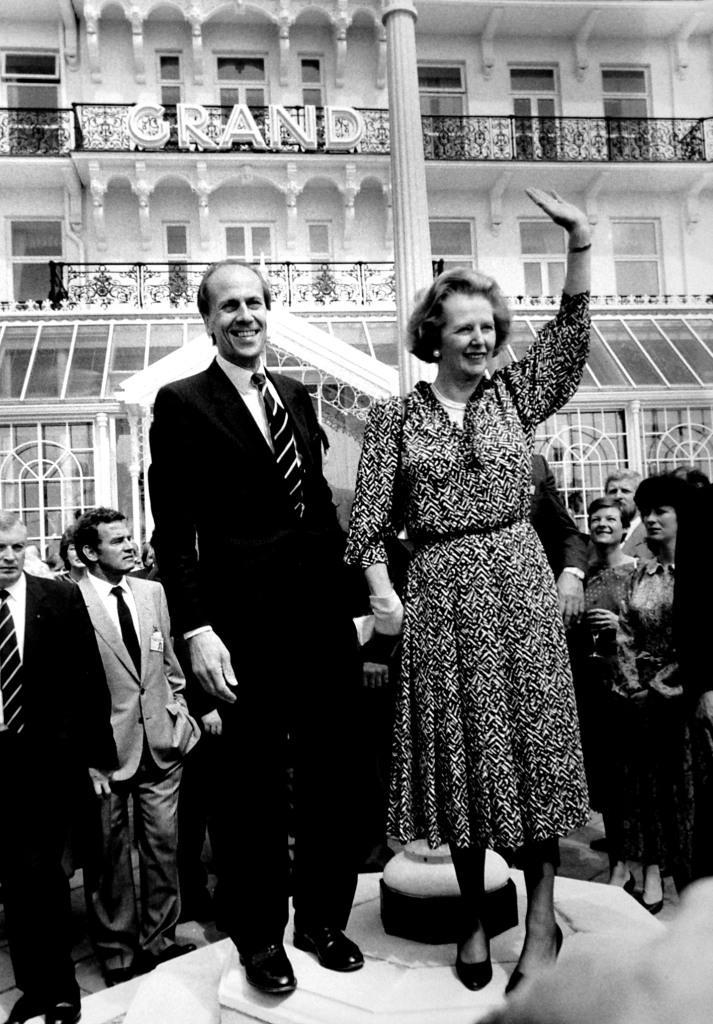 Baroness Thatcher with Norman Tebbit outside The Grand hotel in Brighton at its reopening in 1986 - two years after it was bombed