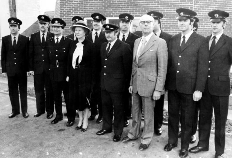 Prime Minister Margaret Thatcher and husband Denis meeting Eastbourne firemen in 1981