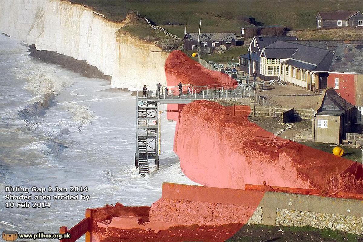 Birling Gap in January 2014, with areas collapsed in February shaded in red. Picture by Peter Hibbs. 