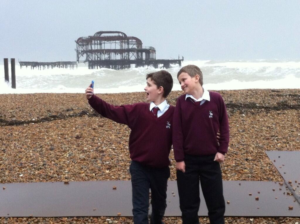 Alex Bresh, left, and Joe Levy, both age 11, take a selfie the day of the pier collapse. 

Picture by Annie Bresh. Taken February 5, 2014. 