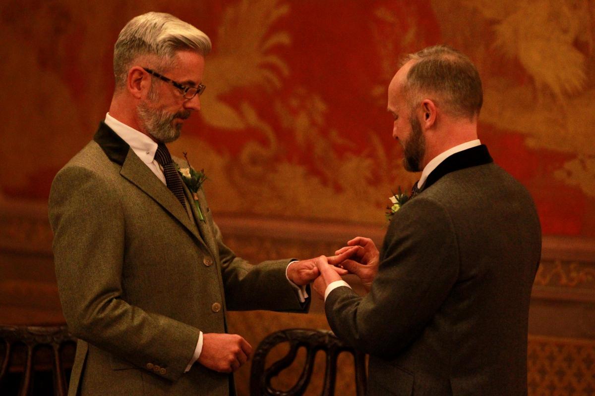 Guest house owner Neil Allard and dramatist Andrew Wale were the first same sex couple to be married in Brighton, in a special midnight ceremony in the Royal Pavilion’s grand Music Room.
With the General Register Office declining to make any official a