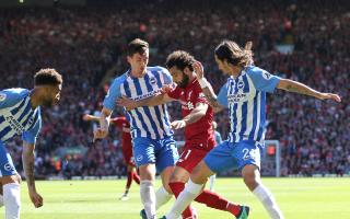Connor Goldson, Lewis Dunk and Ezequiel Schelotto look to stop Mo Salah at the end of the 2017-18 season