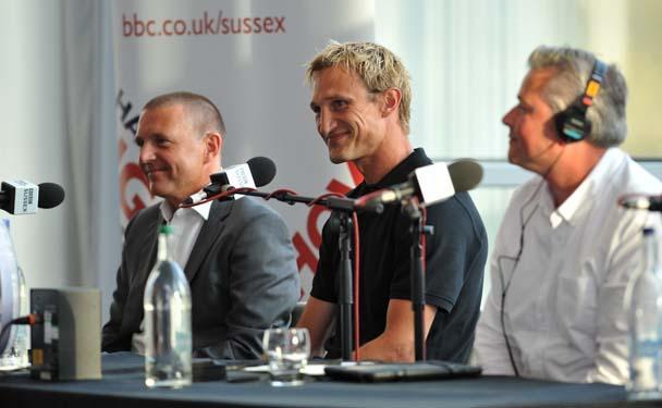 Brighton and Hove Albion Fans Forum with from left: Paul Barber and Sami Hyypia with BBC Sussex presenter Johnny Cantor. (Tuesday August 5, 2014)