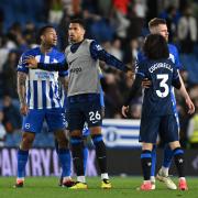 Igor Julio and Marc Cucurella have a disagreement after Chelsea's 2-1 win at the Amex