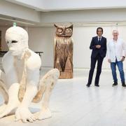 Nick Cave, Thomas Houseago and Brad Pitt at the exhibition at the Sara Hilden Art Museum in Finland: credit : PA/Sara Hilden Art Museum