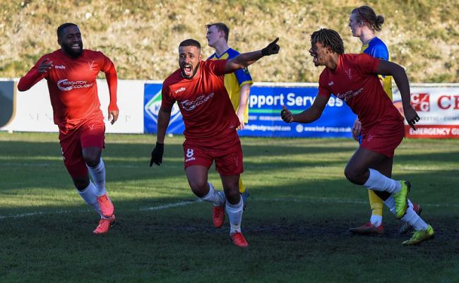 Whitehawk celebrate scoring against Sittingbourne at the weekend. Picture: Andy Schofield