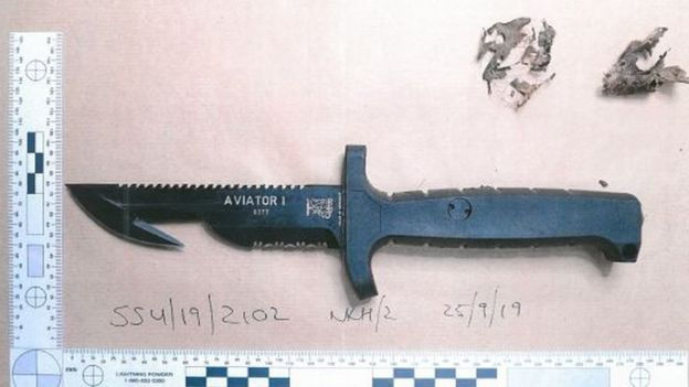 Undated handout photo issued by British Transport Police of a knife relating to the murder of Tashan Daniel, 20. The father of the talented athlete stabbed to death on his way to a watch a football match has condemned the senseless, needless,