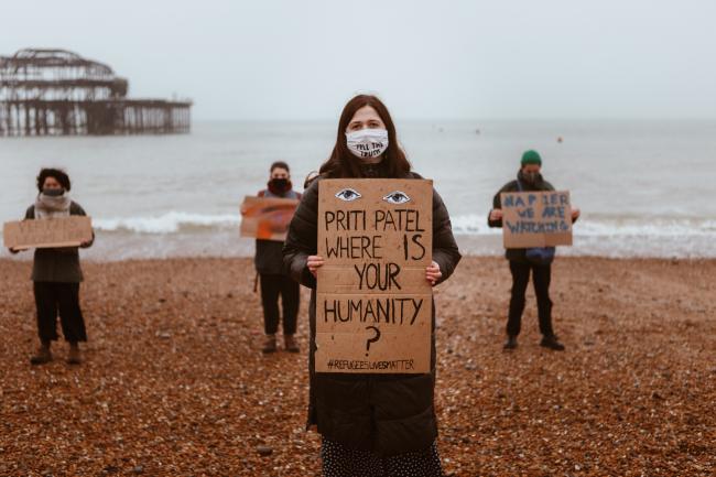 Protesters on Brighton beach yesterday. Photos: Natasa Leoni
