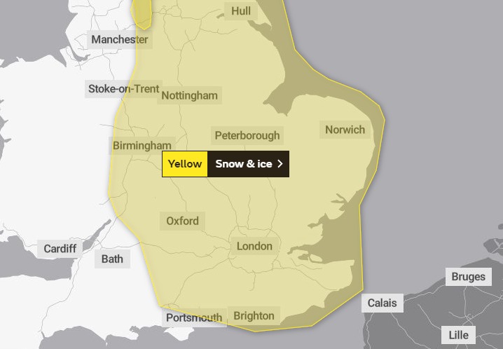 The Met Office weather warning for snow and ice issued on Saturday and Sunday, February 6 and 7 Credit: Met Office
